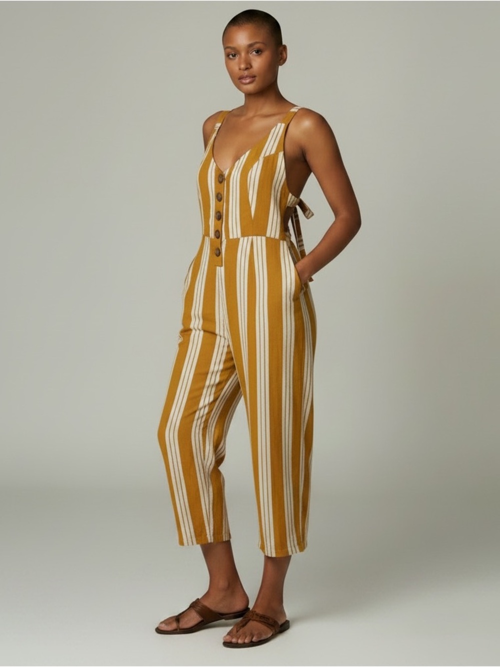 Cali 1850 Jumpsuit Med Linen Blend  Yellow Stripe Coastal Tie Open Back Summer